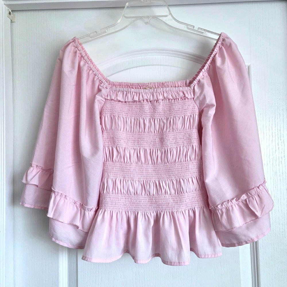 Girl Soul Pink Smocked Peplum Top Ruffle Bell Sleeve Square Neck  Sz L Milkmaid
